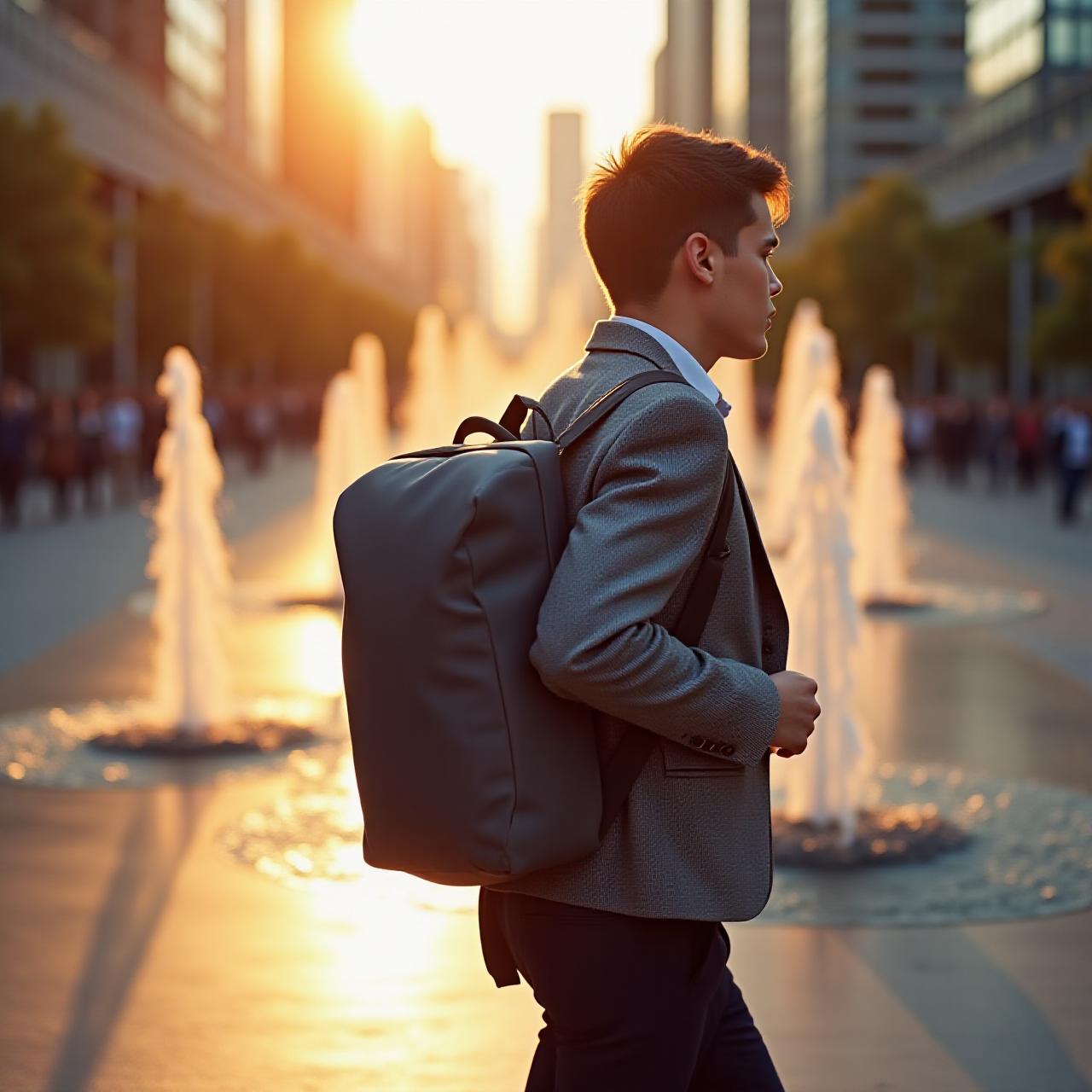 Modern commuter wearing the Riverbend backpack in a city setting