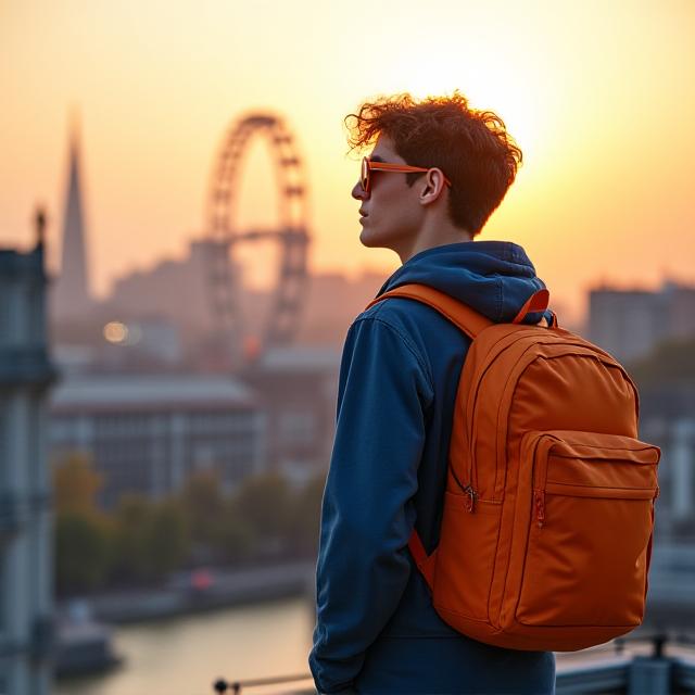 Model wearing a Riverbend Outfitters backpack and sunglasses against a city skyline