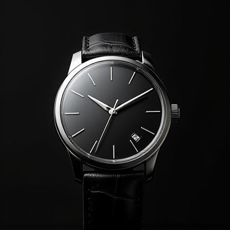 Silver watch with black leather strap