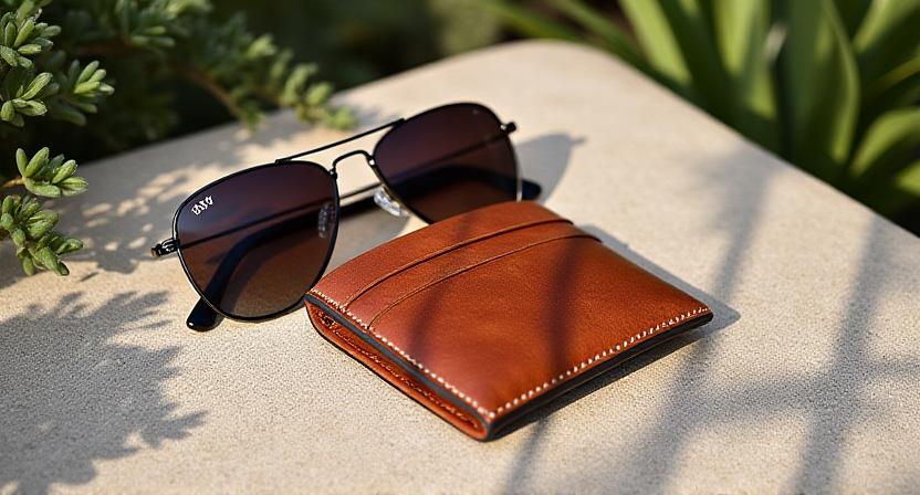 Classic sunglasses and slim leather wallets