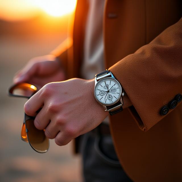 Lifestyle shot of premium sunglasses and chronograph watch