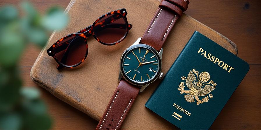 Close up of a luxury watch with leather strap paired with gold-frame sunglasses